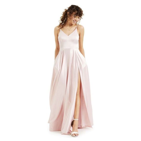 B DARLIN Womens Pink Slitted Pocketed Satin Full-Length Formal Dress Juniors 1\2 - Picture 1 of 1